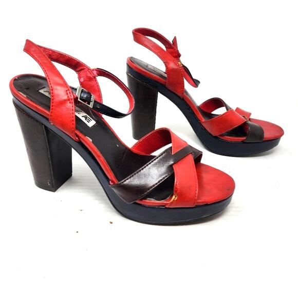AE American Eagle Red Navy Brown Colorblock Platform Heels Women's Gifts Size 10 - Picture 1 of 12